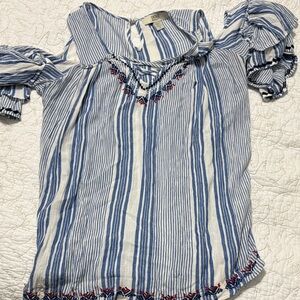Vintage America Blue and White Striped Blouse with Embroidery